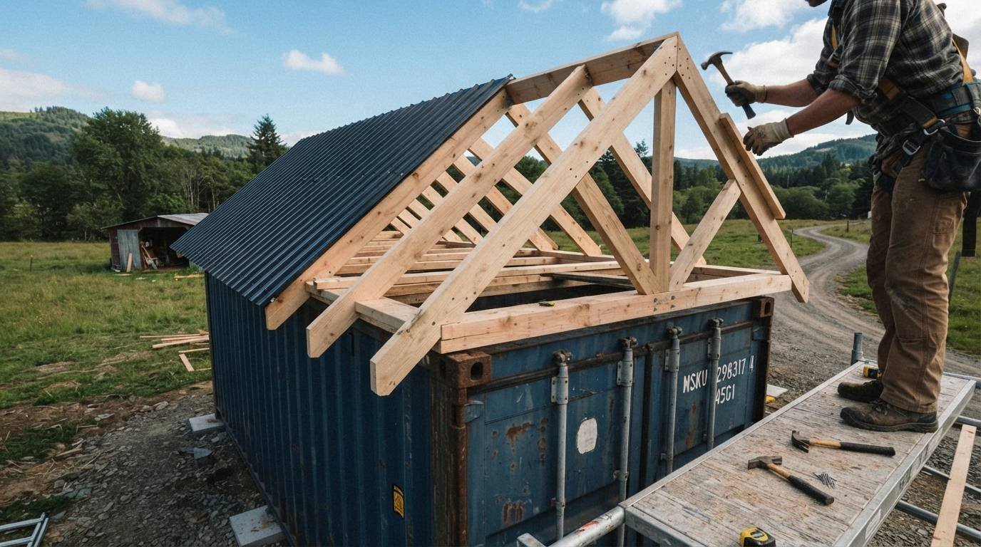 Builder framing a gable roof on a shipping container in a rural setting — wood trusses and purlins visible mid-construction with corrugated metal panels partially installed