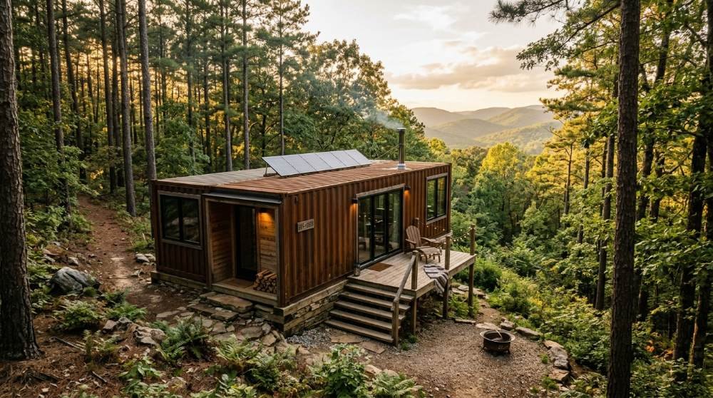 Solar-powered shipping container home nestled on a forested hillside in the Ouachita Mountains of Arkansas, with solar panels on the roof, a wooden deck, and mountain ridgeline visible through the pines