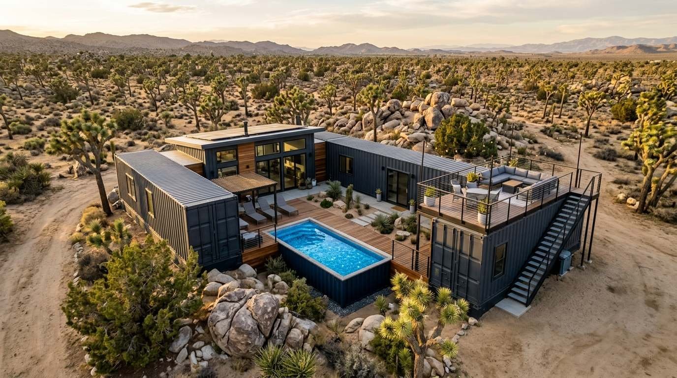 Aerial view of Box on the Rocks — three shipping containers in an H-shape with container pool in the courtyard, Joshua Tree California