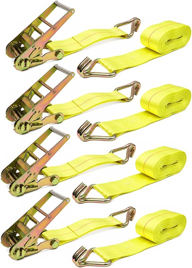 Boxer 4-pack heavy duty ratchet tie down straps yellow with J-hooks