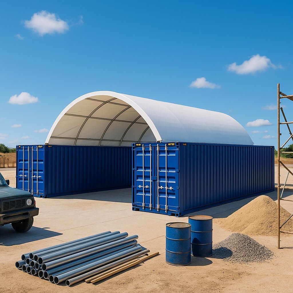 Heavy duty shipping container canopy shelter spanning two blue containers on construction site