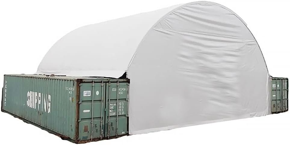 Mytee Products container canopy shelter spanning two shipping containers with white arch cover