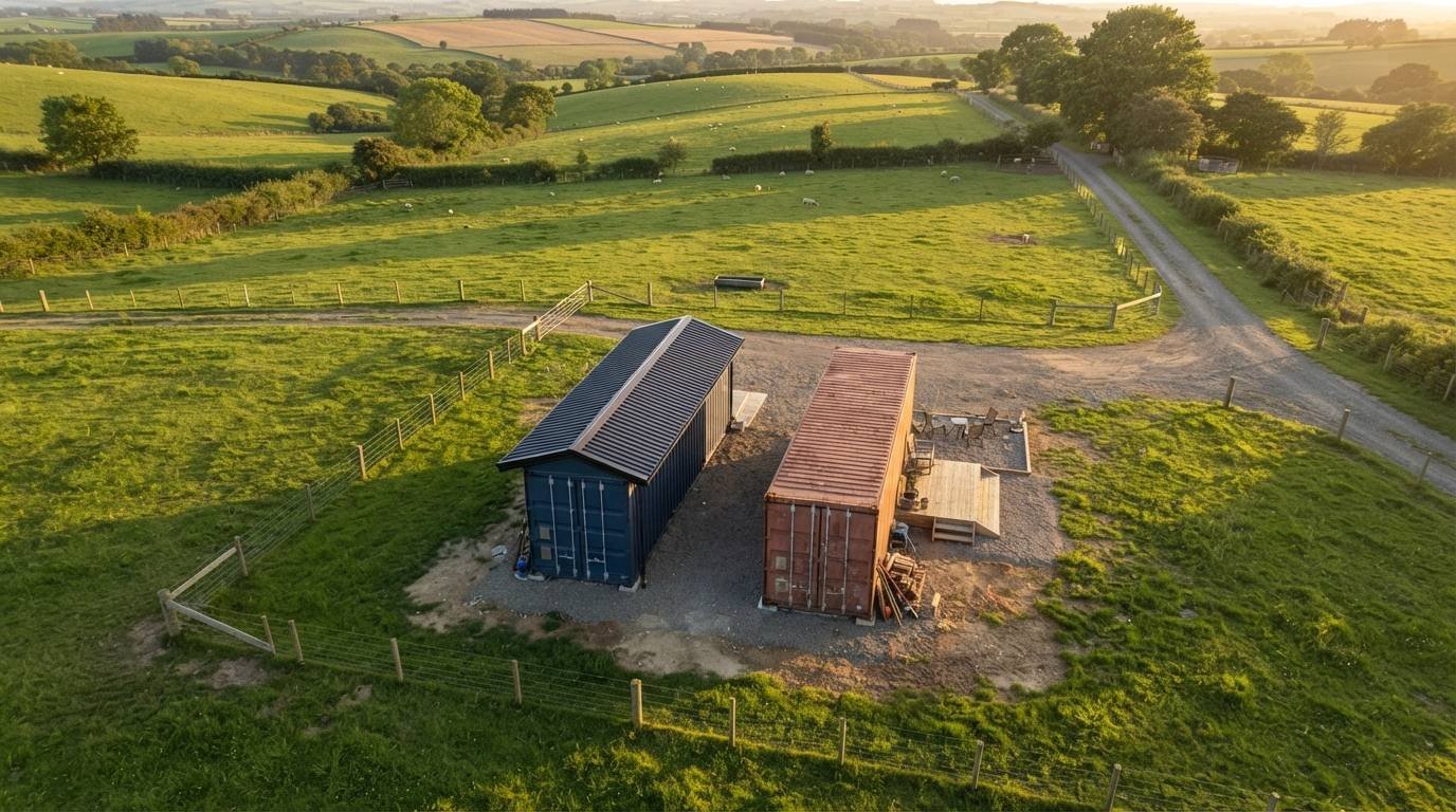 Aerial view of two shipping containers on a rural property — one with a gable metal roof installed, one bare