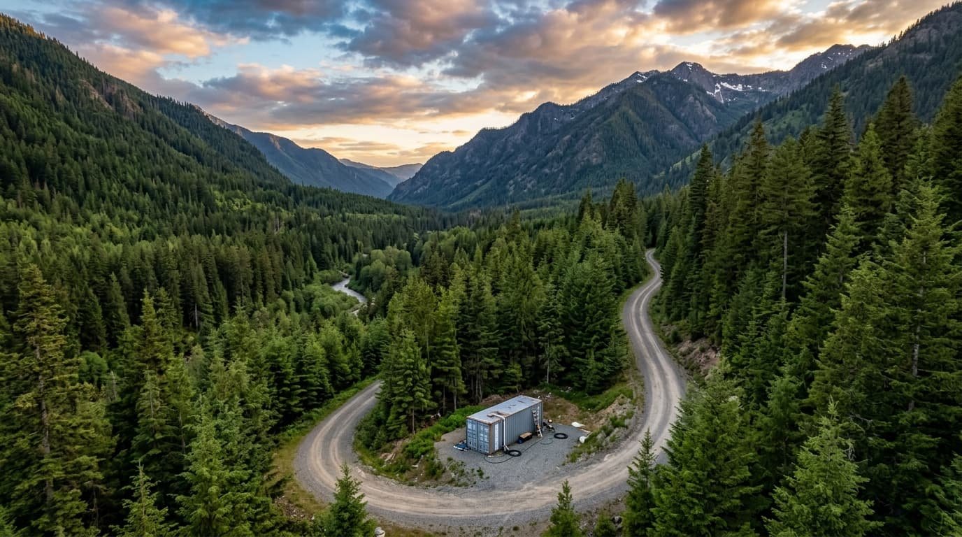 Aerial view of a shipping container water tank positioned at a mountain valley road junction in Washington State's Cascades