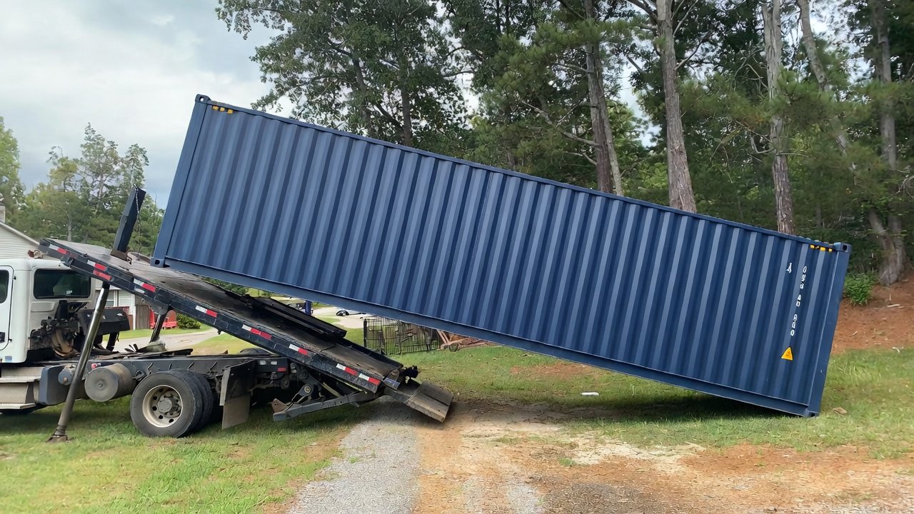 40ft shipping container being delivered by tilt-bed truck