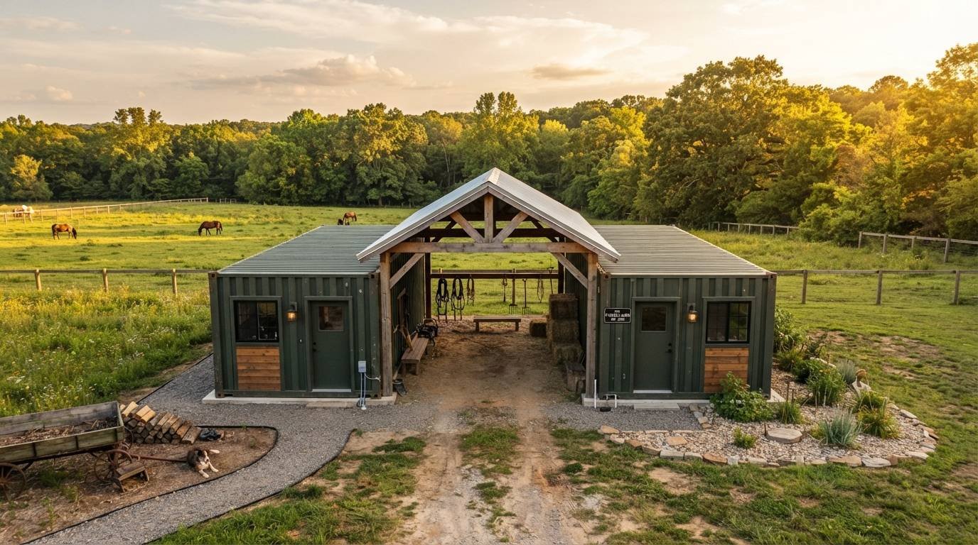 Finished two-container barn on a farm property with gable metal roof, covered central bay, horses grazing in background at golden hour