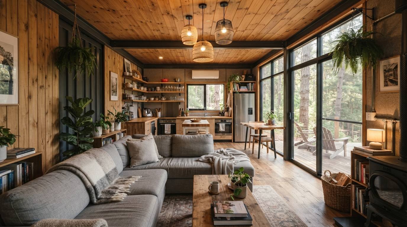 Furnished shipping container home interior — warm living area with sectional sofa, wood-panelled ceiling, wicker pendant lights, open-plan kitchen, and large sliding glass doors opening to pine forest