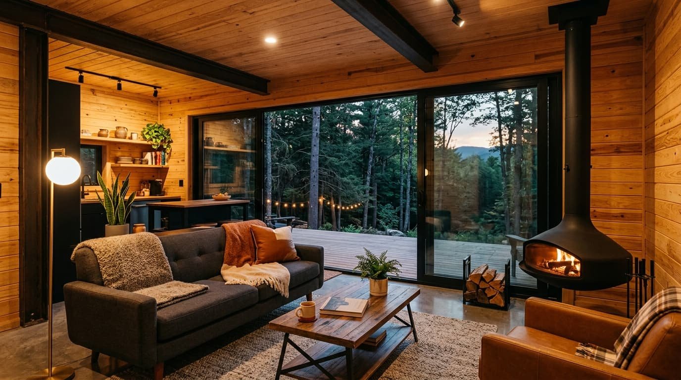 Interior of a luxury container home short-term rental with wood walls, suspended fireplace and large glass sliding door to the forest
