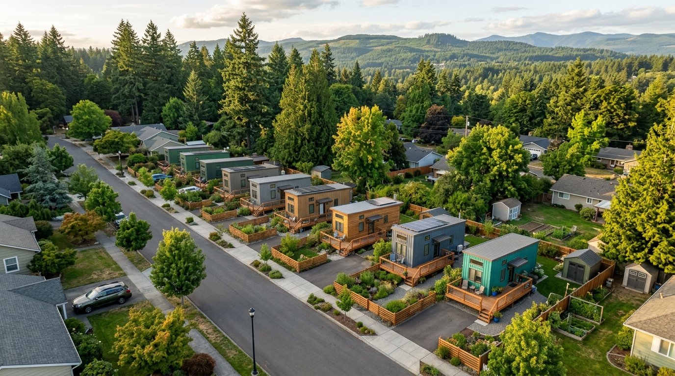 Aerial view of shipping container homes integrated into a Pacific Northwest residential neighborhood