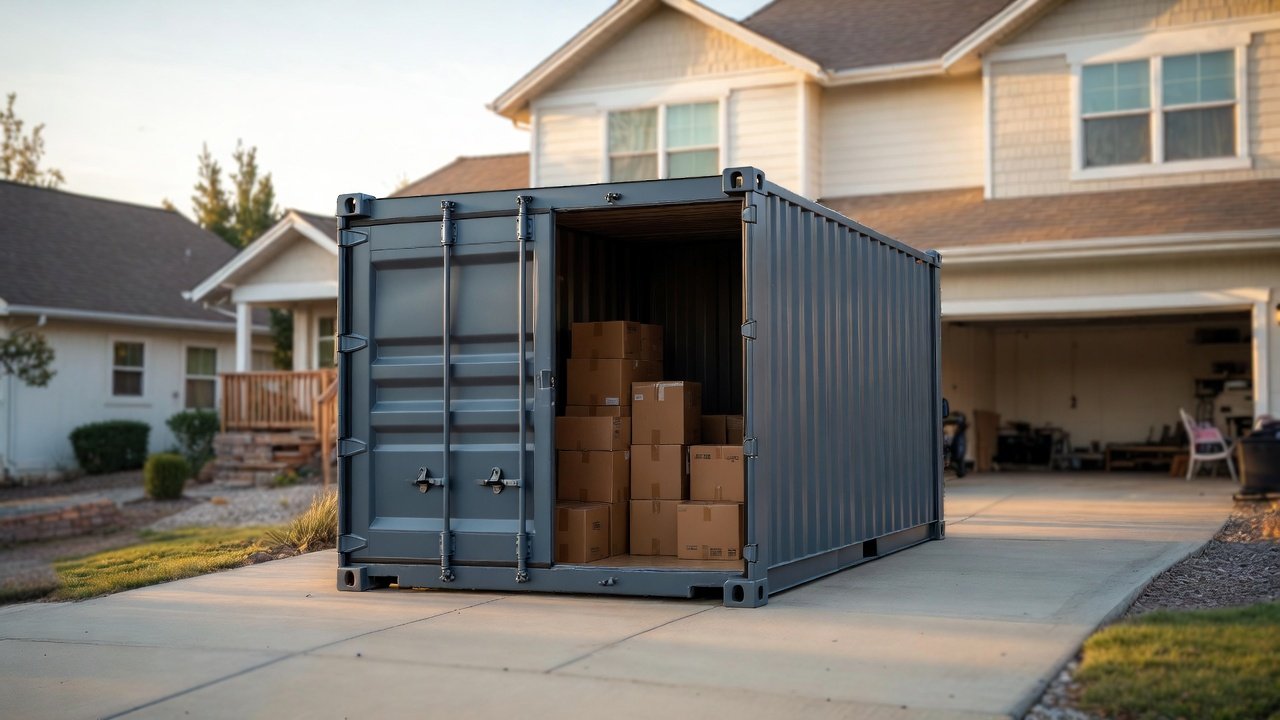 Portable storage container on a residential driveway for moving