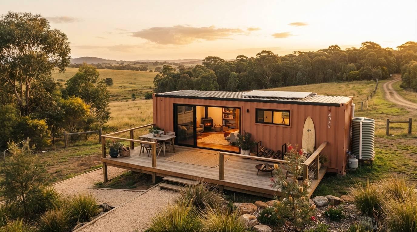 Single 40ft shipping container converted into a country retreat on a large rural Australian property — timber deck, sliding glass doors, open grassland and eucalyptus trees at golden hour