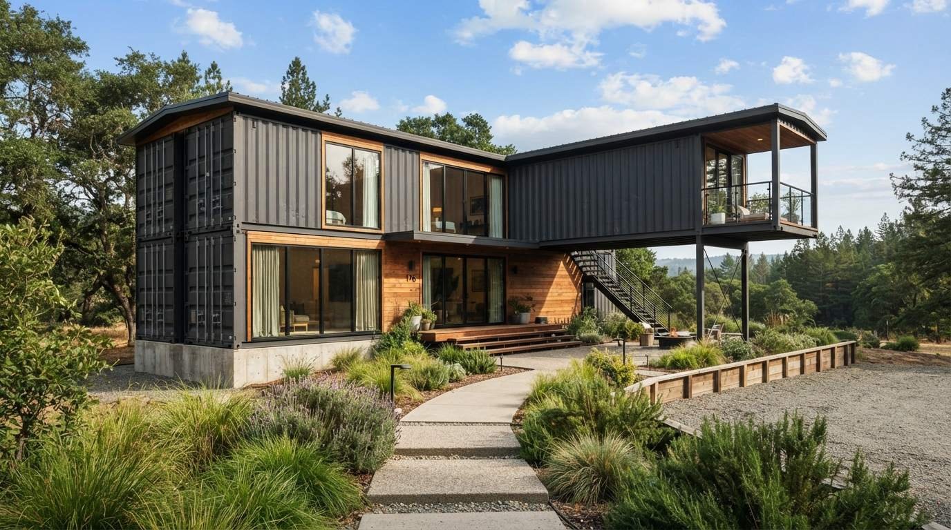 Modern three-container residential home with stacked containers, large windows, timber cladding accents, landscaped pathway, and rooftop deck — two-storey design set among trees