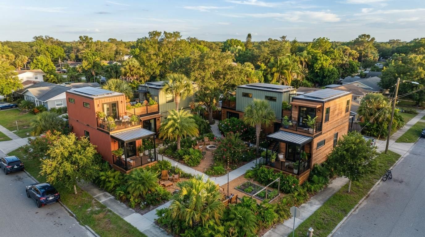 Aerial view of a cluster of modern converted shipping container homes arranged around a shared courtyard with lush Florida landscaping, finished with wood siding and covered porches in a residential neighborhood