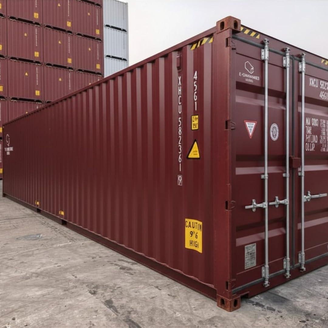 EContainers Standard 20FT one-trip shipping container in dark red at a shipping depot