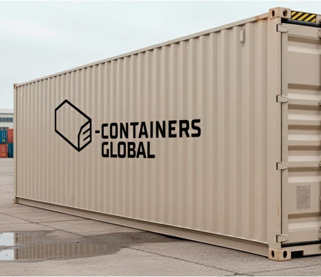 E-CONTAINERS GLOBAL 40ft High Cube new shipping container in beige, shown at a depot