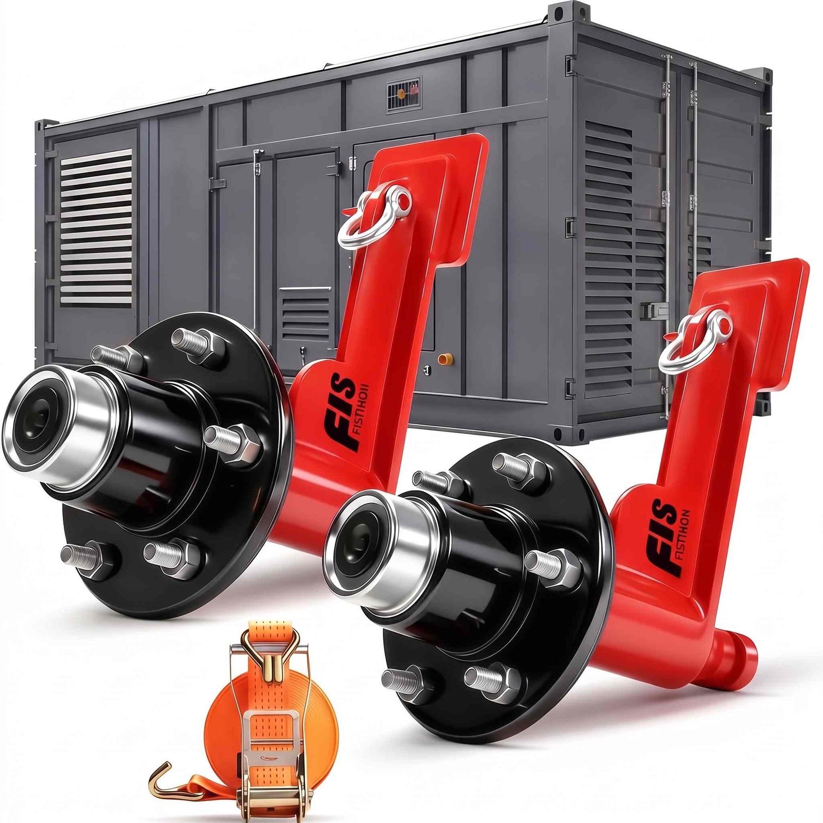 Fistihon 2-Pack 6-Lug Shipping Container Wheel Kit with red bracket assemblies and ratchet straps