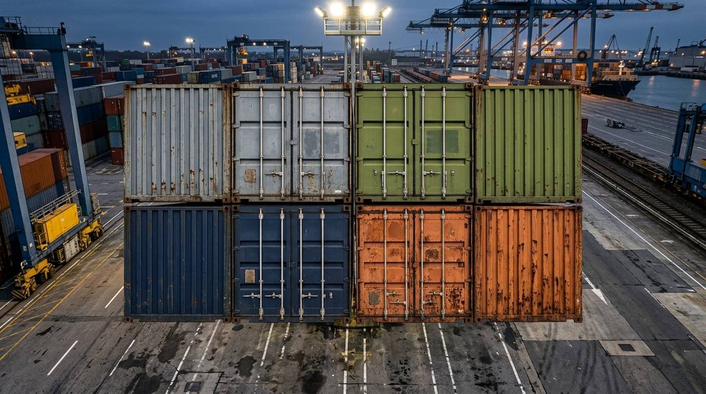 Four shipping containers at port