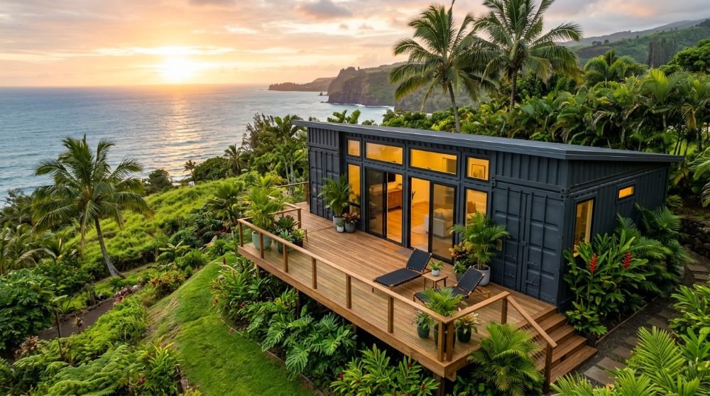 A finished shipping container home on a lush Hawaiian hillside overlooking the ocean at sunset, with a wooden deck and tropical vegetation