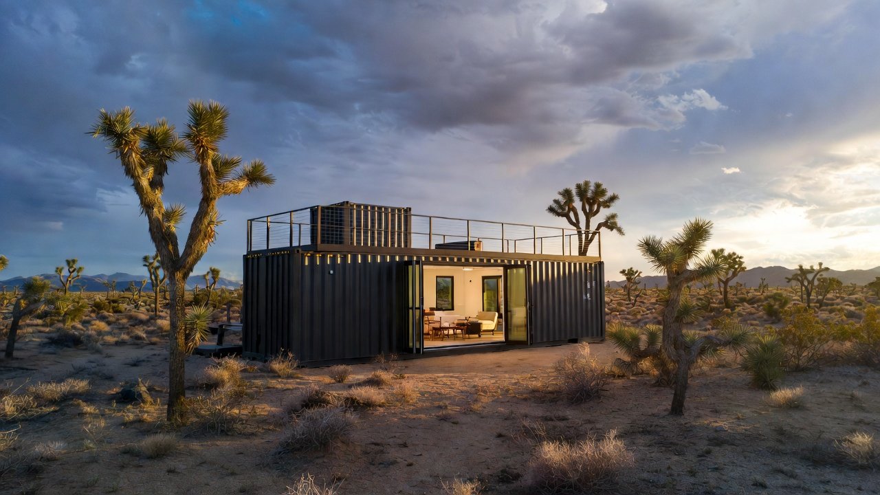 Three-container desert home in Joshua Tree California with dark charcoal exterior, open bi-folding doors, rooftop deck, and Joshua trees