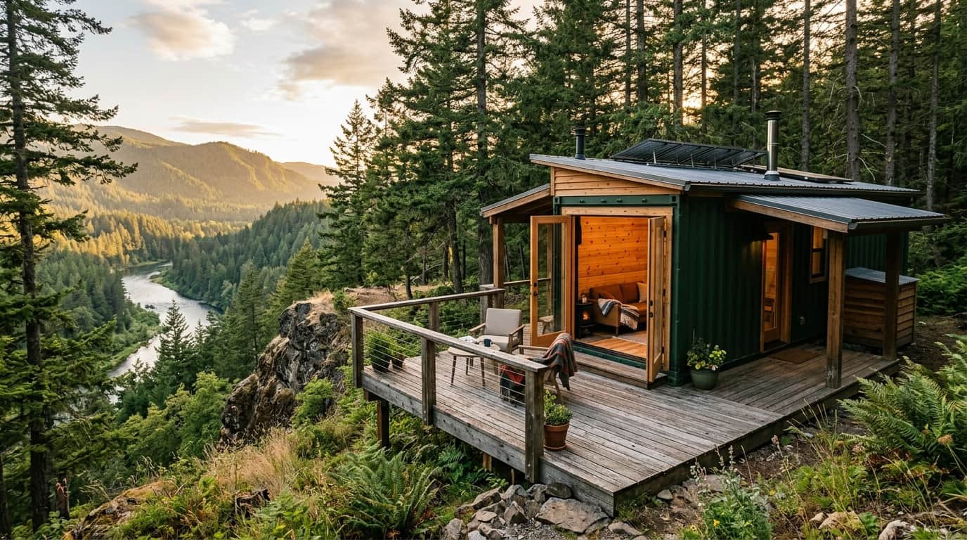 Matt and Paiton's $20K shipping container home on the Pend Oreille River bluff, Washington State