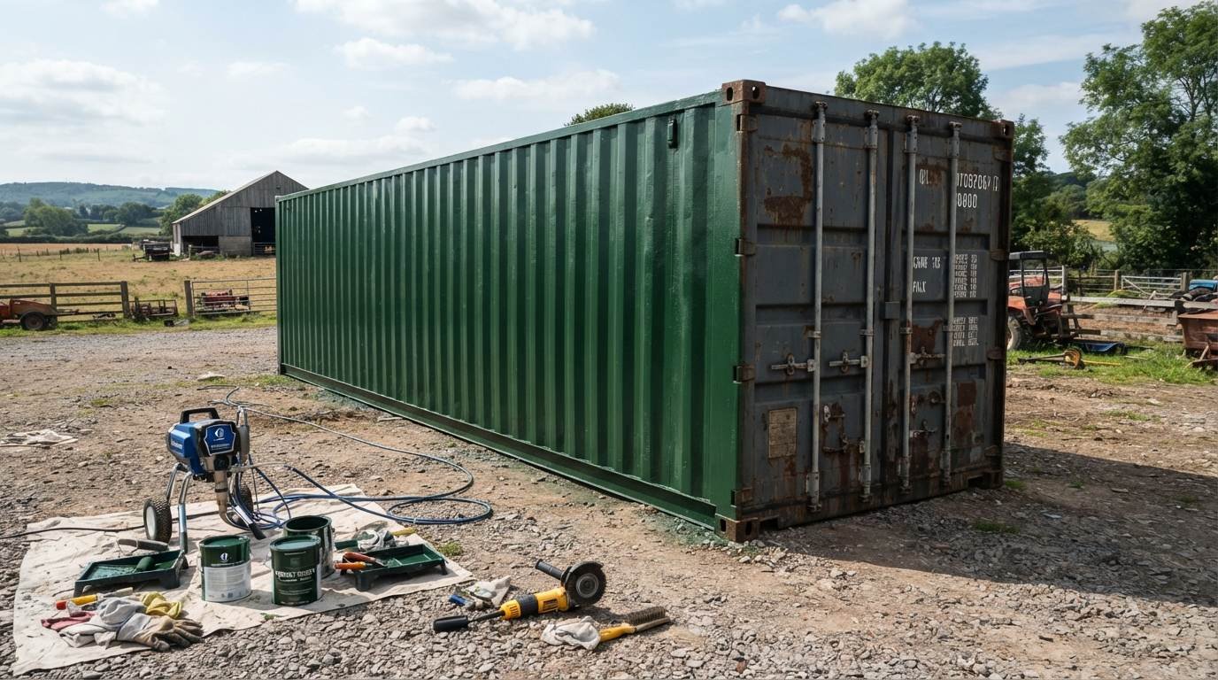 Shipping container being painted forest green on a rural farm — Graco airless sprayer, paint cans, and angle grinder in foreground, left side freshly painted, right side showing original rust patina