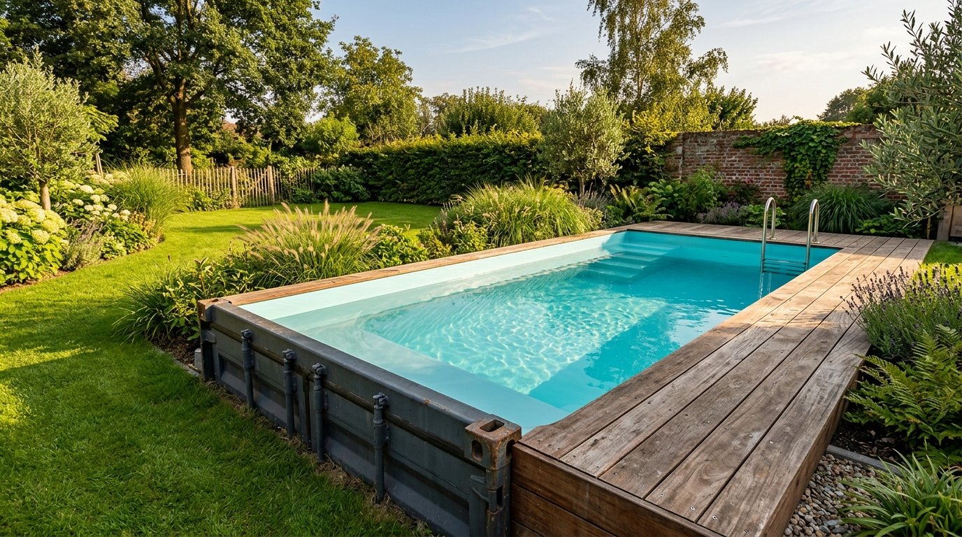 Shipping container swimming pool with wooden deck surround and crystal clear water in a landscaped backyard