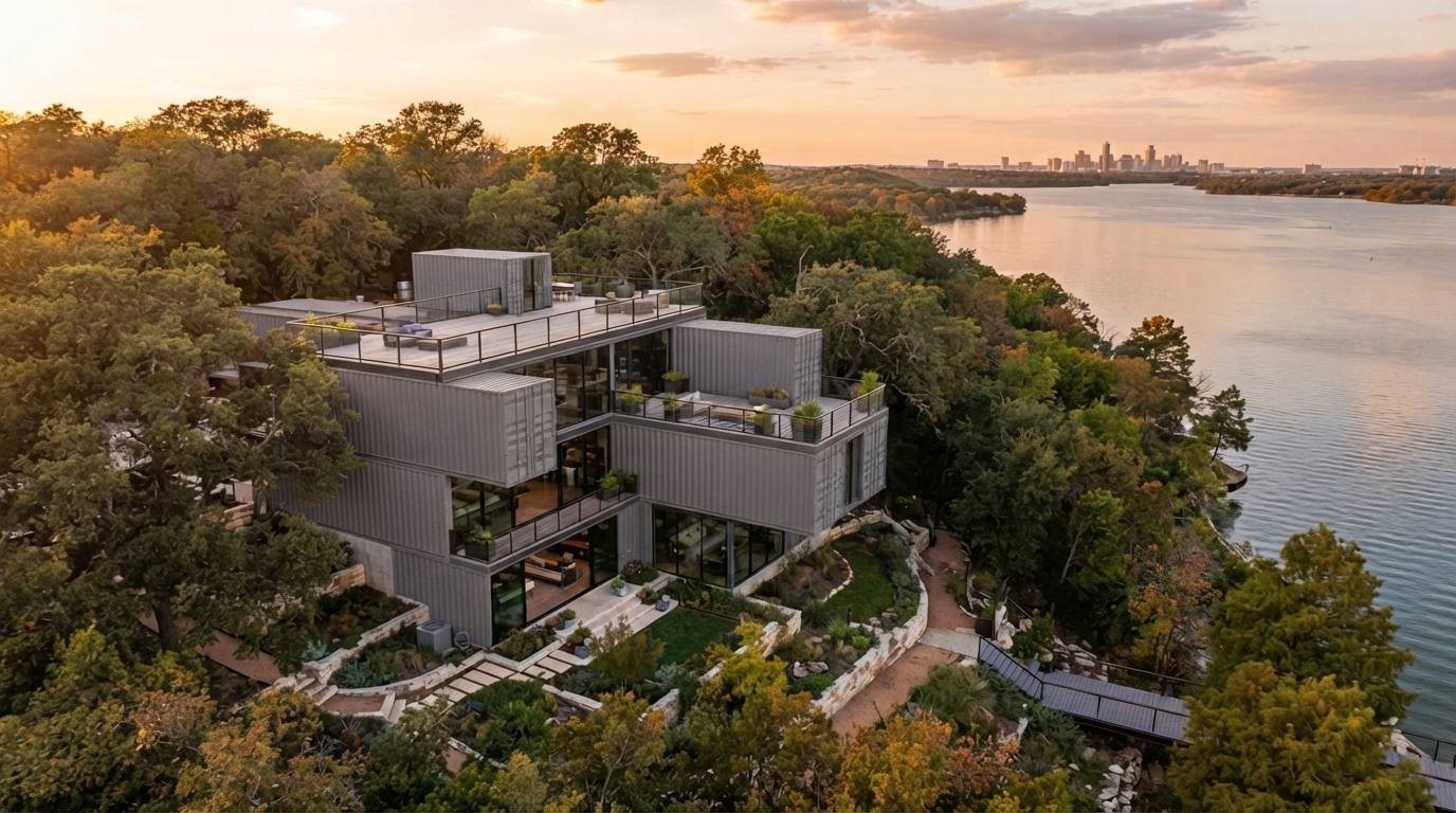 Multi-story shipping container home overlooking a Texas lake at golden hour, with stacked containers, floor-to-ceiling glass, rooftop deck, and city skyline in the background