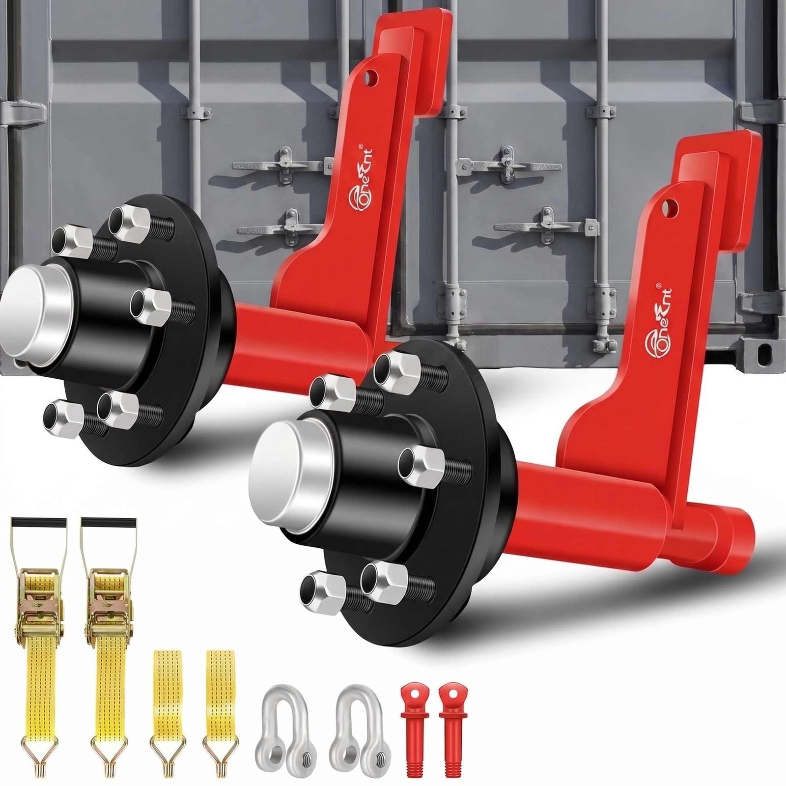 TOBUMO 2-Pack 6-Lug Shipping Container Wheel Kit with red axle assemblies and orange ratchet straps