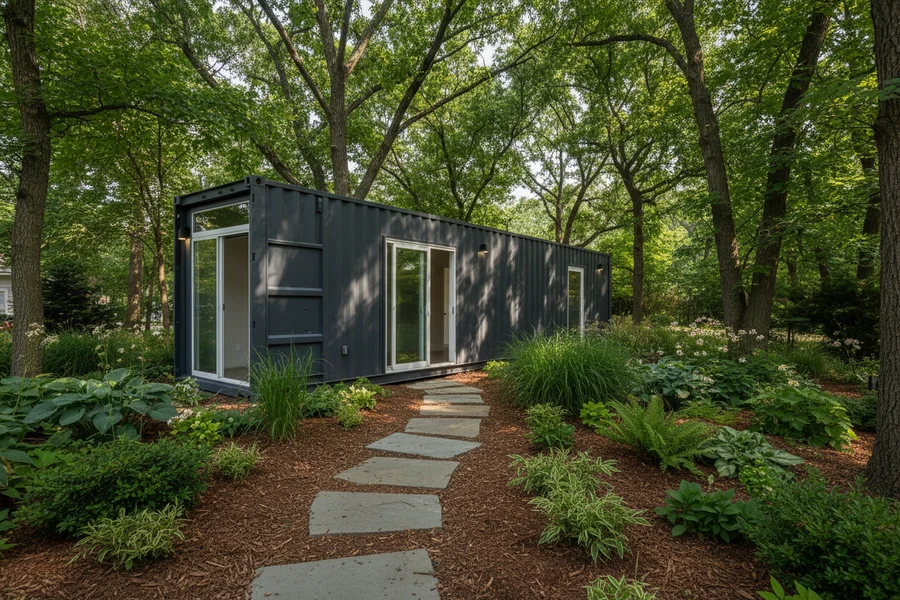 Utopia One 40 one-bedroom shipping container home — dark grey 40ft high cube with glass doors, sited on a wooded lot