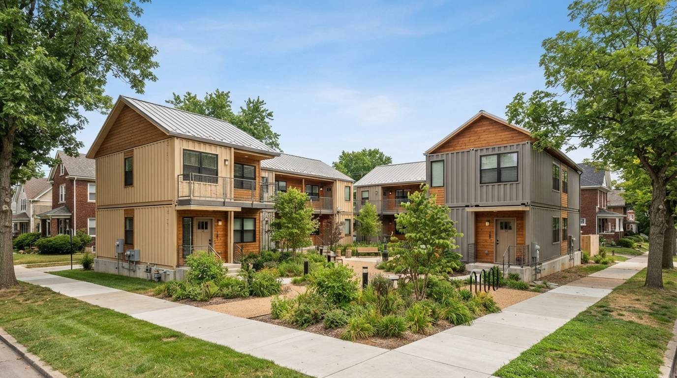 A shipping container housing facility with wood and metal cladding arranged around a landscaped courtyard in an urban neighborhood, individual exterior doors for each unit, conventional homes visible on either side